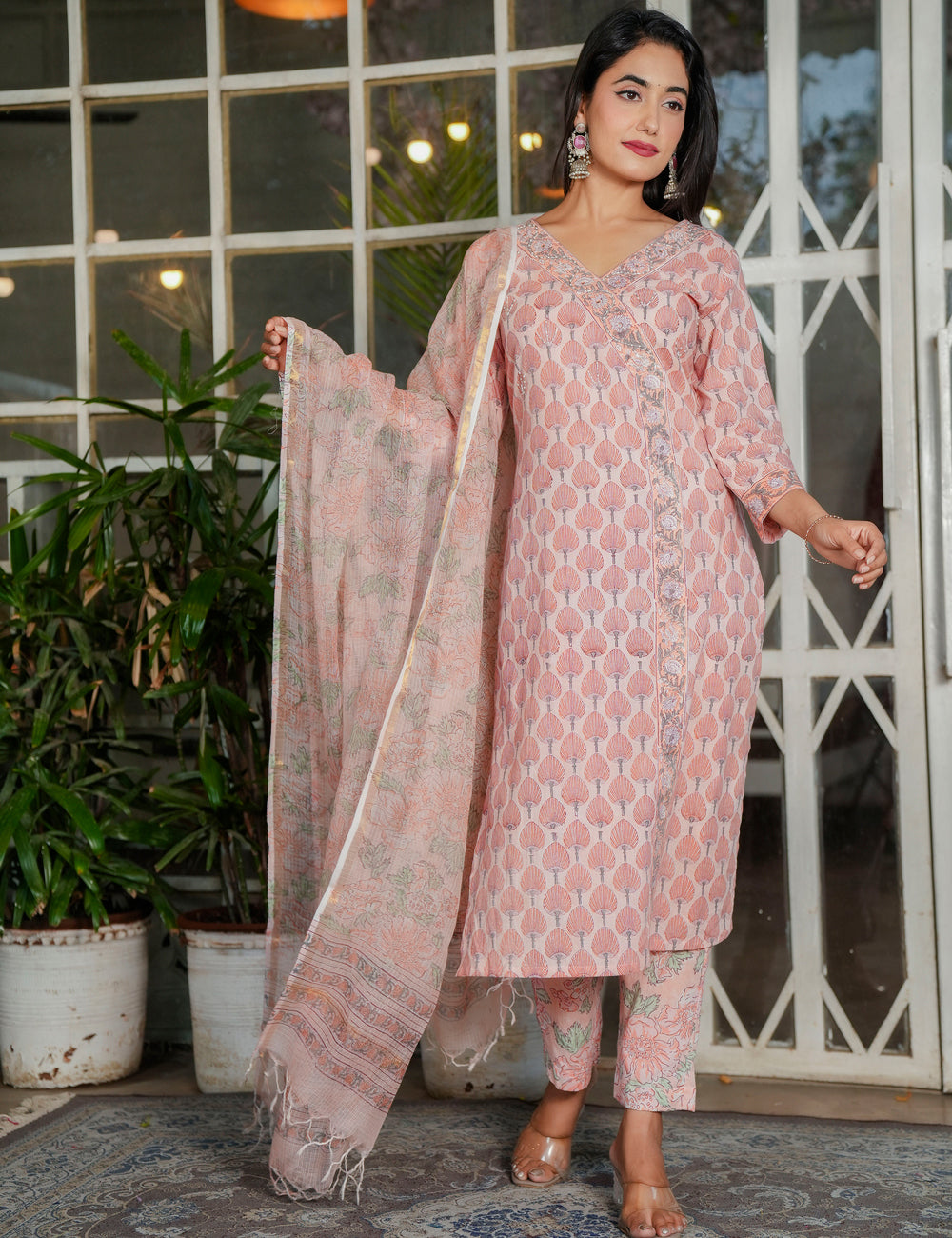 Blush Peach Hand Block Overlap Style with Printed Cotton Comfort Kurta Set with Kota Doria Dupatta - HL111