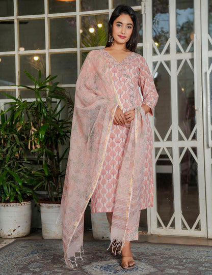 Blush Peach Hand Block Overlap Style with Printed Cotton Comfort Kurta Set with Kota Doria Dupatta - HL111