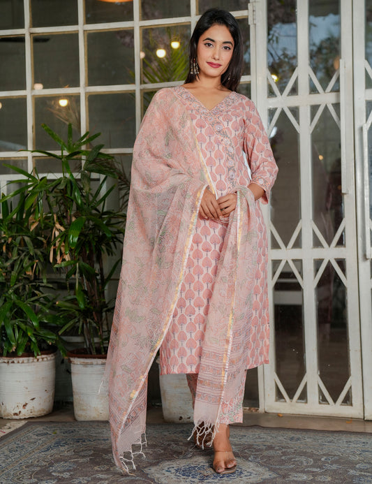Blush Peach Hand Block Overlap Style with Printed Cotton Comfort Kurta Set with Kota Doria Dupatta - HL111