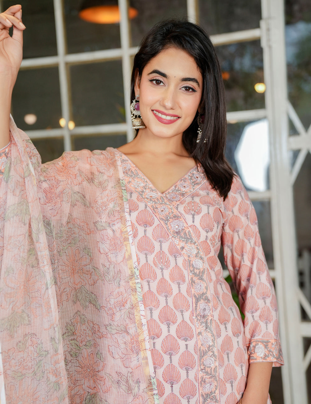 Blush Peach Hand Block Overlap Style with Printed Cotton Comfort Kurta Set with Kota Doria Dupatta - HL111