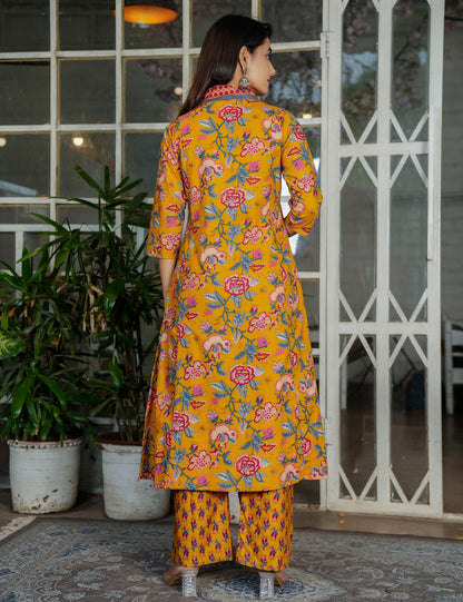 Mustard Rose Sanganeri Printed Straight Kurta Set with Embroidered Placket with Cotton Dupatta - HL115