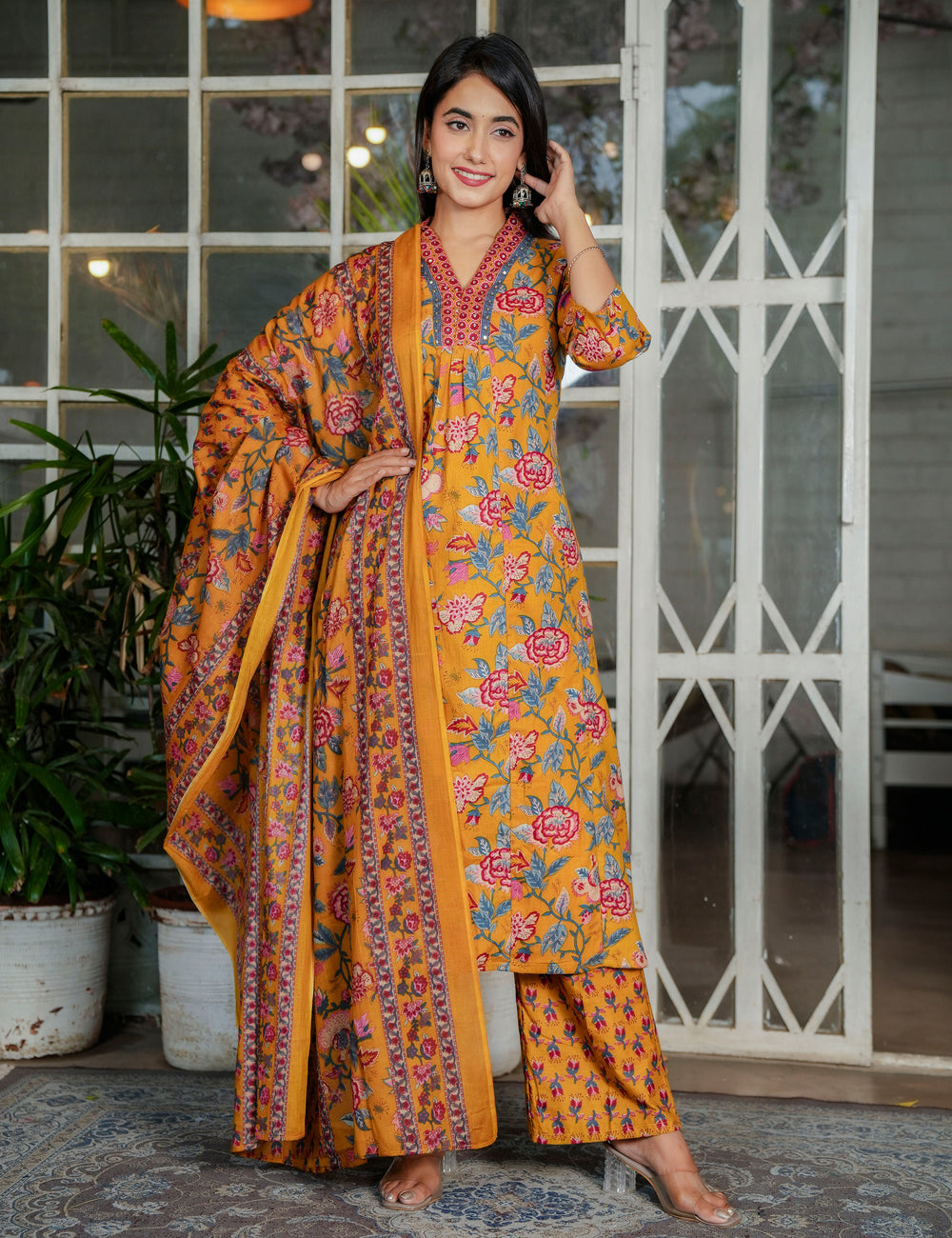 Mustard Rose Sanganeri Printed Straight Kurta Set with Embroidered Placket with Cotton Dupatta - HL115