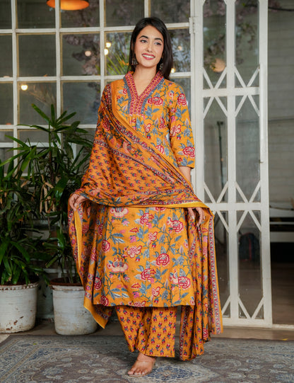 Mustard Rose Sanganeri Printed Straight Kurta Set with Embroidered Placket with Cotton Dupatta - HL115