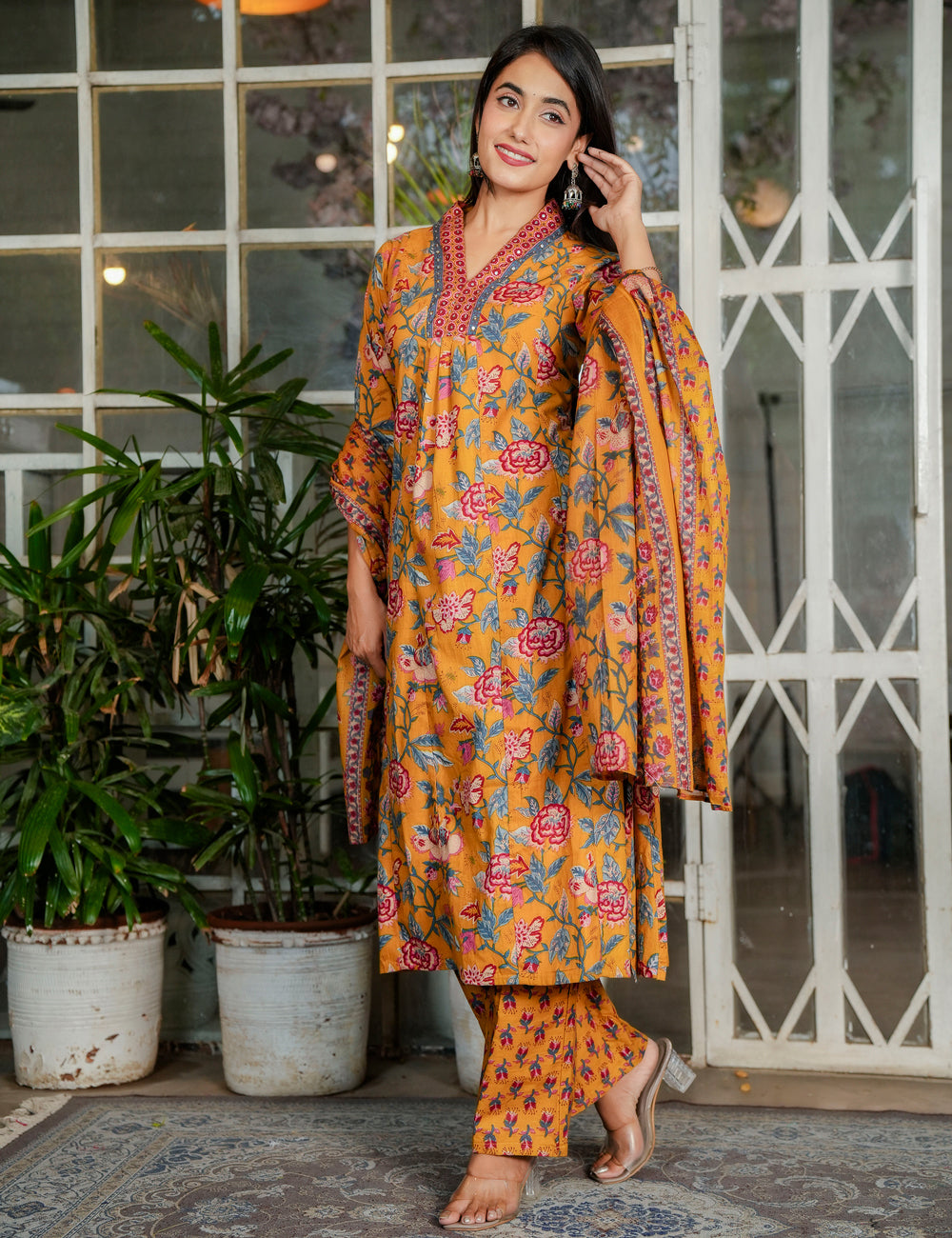 Mustard Rose Sanganeri Printed Straight Kurta Set with Embroidered Placket with Cotton Dupatta - HL115