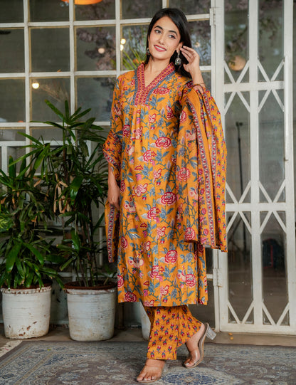 Mustard Rose Sanganeri Printed Straight Kurta Set with Embroidered Placket with Cotton Dupatta - HL115