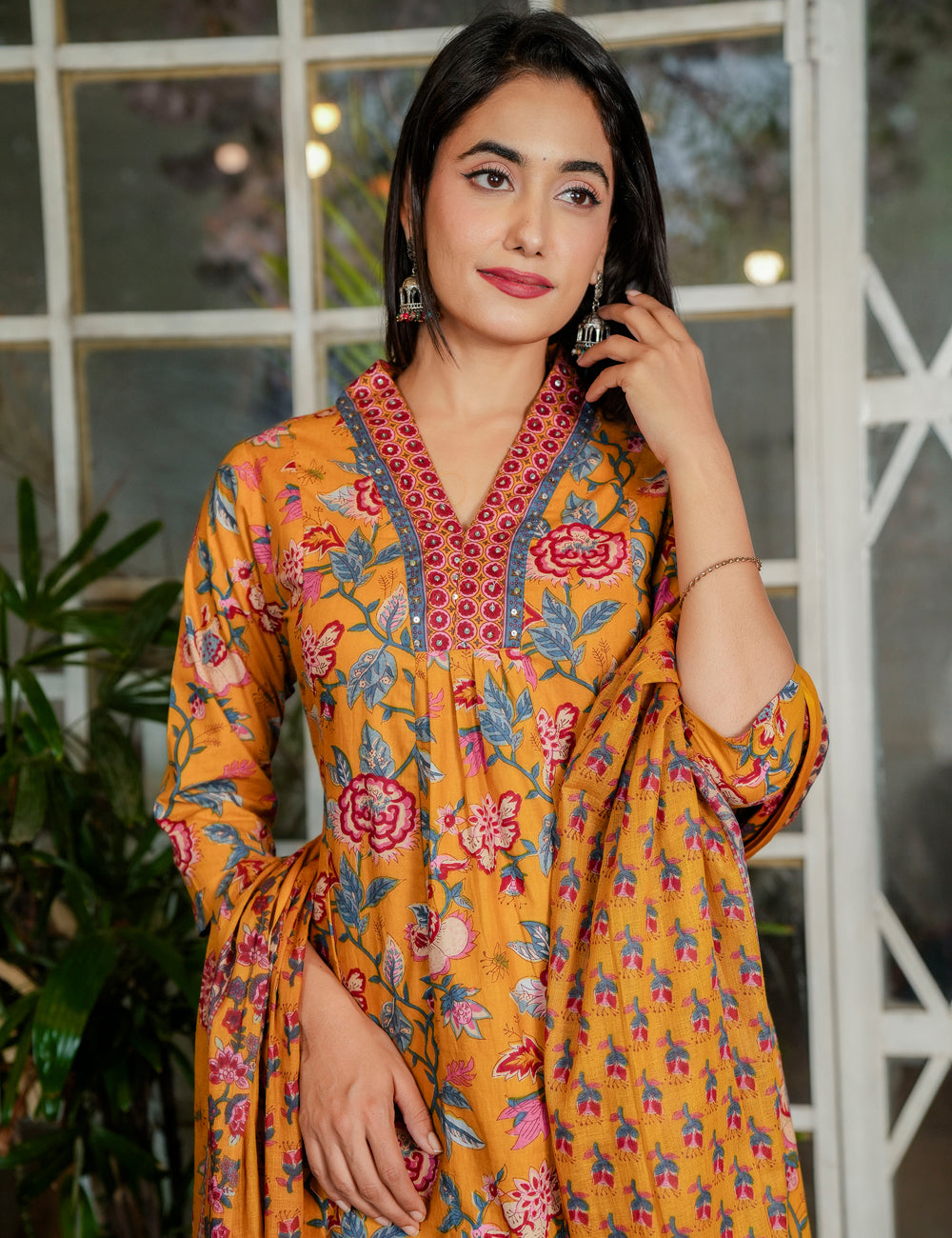 Mustard Rose Sanganeri Printed Straight Kurta Set with Embroidered Placket with Cotton Dupatta - HL115
