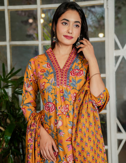 Mustard Rose Sanganeri Printed Straight Kurta Set with Embroidered Placket with Cotton Dupatta - HL115