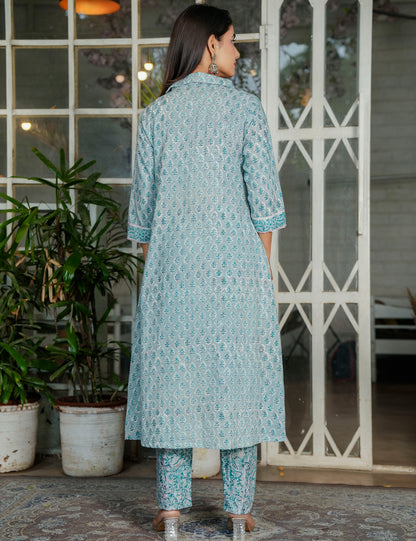 Powder Blue Teal Harmony Hand-Block Printed A-Line Shirt style Kurta Set - HL116