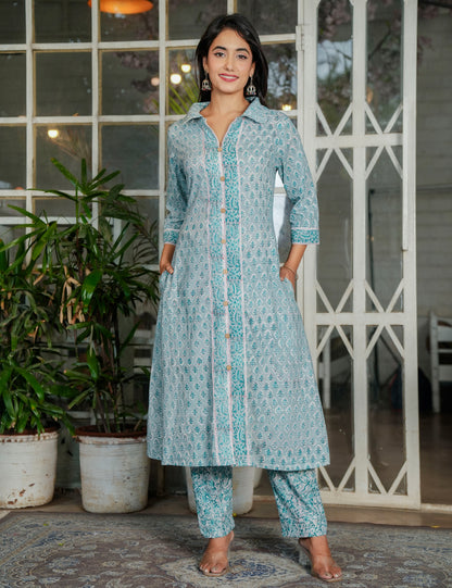 Powder Blue Teal Harmony Hand-Block Printed A-Line Shirt style Kurta Set - HL116