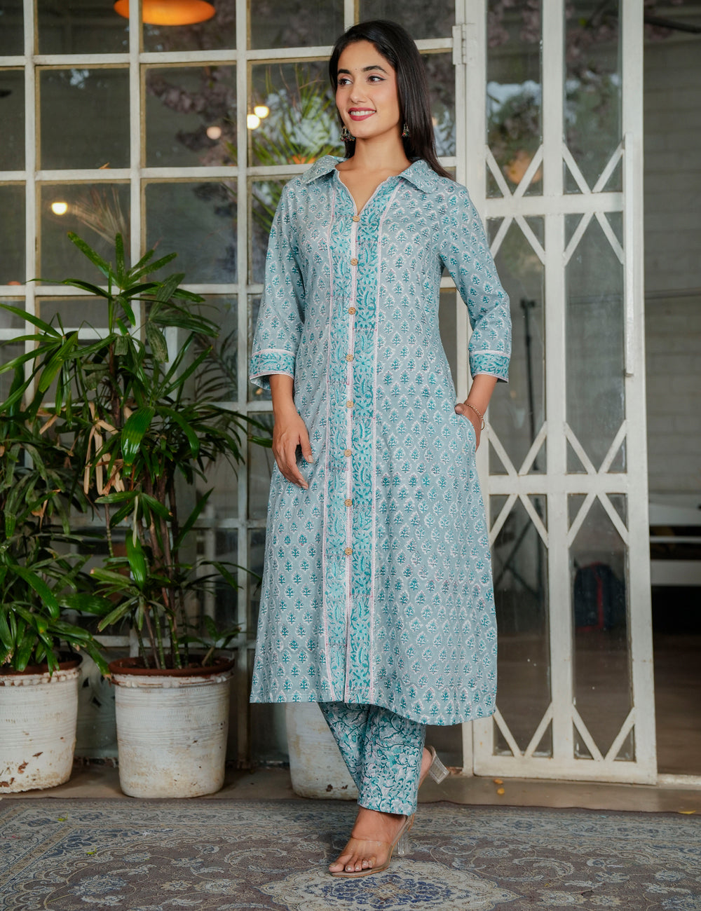 Powder Blue Teal Harmony Hand-Block Printed A-Line Shirt style Kurta Set - HL116