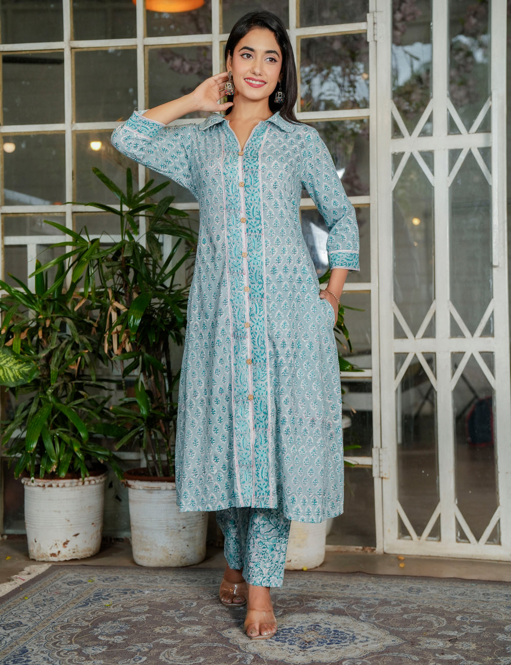 Powder Blue Teal Harmony Hand-Block Printed A-Line Shirt style Kurta Set - HL116