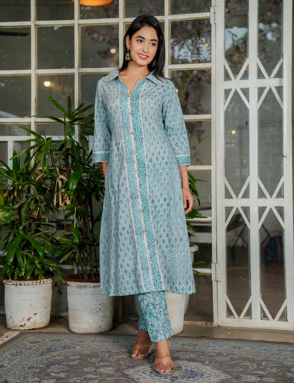 Powder Blue Teal Harmony Hand-Block Printed A-Line Shirt style Kurta Set - HL116