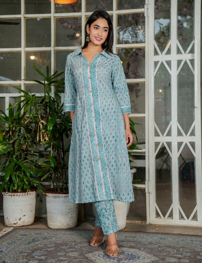 Powder Blue Teal Harmony Hand-Block Printed A-Line Shirt style Kurta Set - HL116