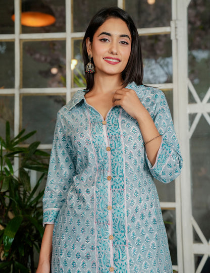 Powder Blue Teal Harmony Hand-Block Printed A-Line Shirt style Kurta Set - HL116