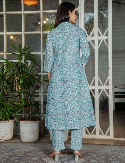 Teal Blossom Hand-Block Printed A-Line Shirt style Kurta Set with Button-Down Detail - HL117