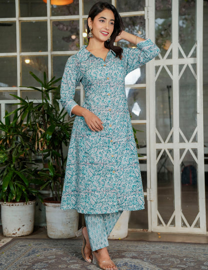 Teal Blossom Hand-Block Printed A-Line Shirt style Kurta Set with Button-Down Detail - HL117