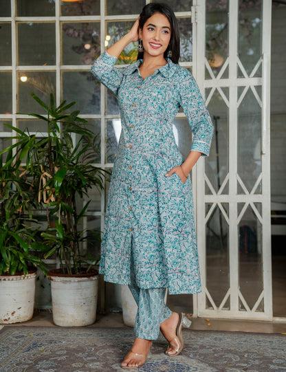 Teal Blossom Hand-Block Printed A-Line Shirt style Kurta Set with Button-Down Detail - HL117