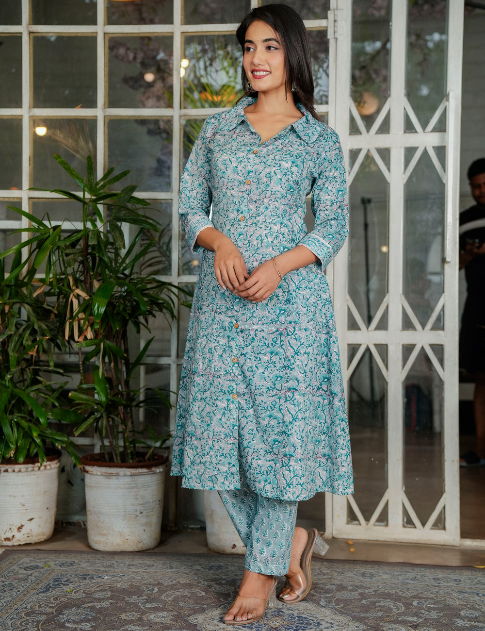 Teal Blossom Hand-Block Printed A-Line Shirt style Kurta Set with Button-Down Detail - HL117