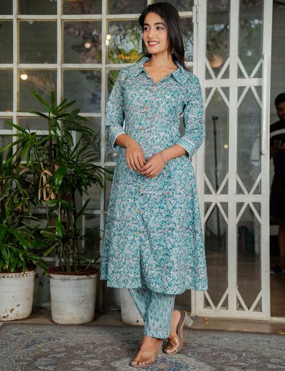 Teal Blossom Hand-Block Printed A-Line Shirt style Kurta Set with Button-Down Detail - HL117