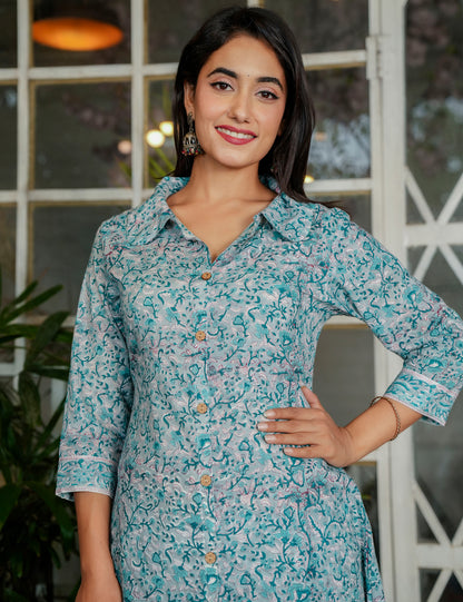 Teal Blossom Hand-Block Printed A-Line Shirt style Kurta Set with Button-Down Detail - HL117