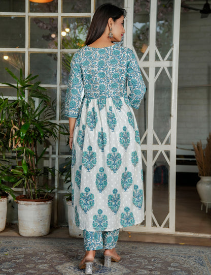 Blue Lotus Grace Sanganeri printed A-line V-neck Anarkali Style Kurta Set with Cotton Dupatta - HL118