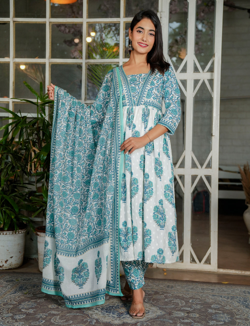 Blue Lotus Grace Sanganeri printed A-line V-neck Anarkali Style Kurta Set with Cotton Dupatta - HL118