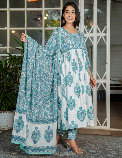 Blue Lotus Grace Sanganeri printed A-line V-neck Anarkali Style Kurta Set with Cotton Dupatta - HL118