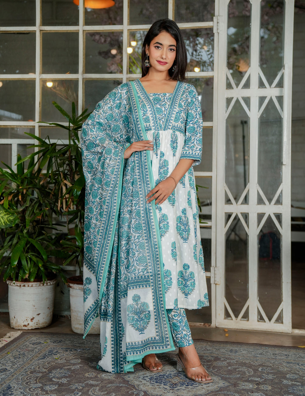 Blue Lotus Grace Sanganeri printed A-line V-neck Anarkali Style Kurta Set with Cotton Dupatta - HL118