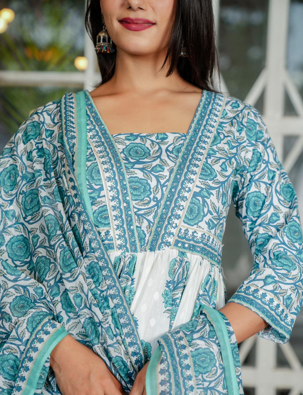 Blue Lotus Grace Sanganeri printed A-line V-neck Anarkali Style Kurta Set with Cotton Dupatta - HL118