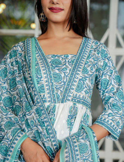 Blue Lotus Grace Sanganeri printed A-line V-neck Anarkali Style Kurta Set with Cotton Dupatta - HL118
