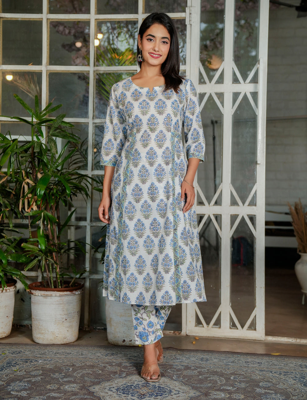 Ivory Blue-Green Hand-Block Printed A-Line Anarkali Style Cotton Kurta Set with Kota Doria Dupatta - HL119
