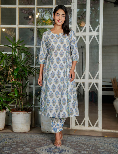 Ivory Blue-Green Hand-Block Printed A-Line Anarkali Style Cotton Kurta Set with Kota Doria Dupatta - HL119