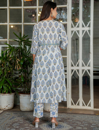 Ivory Blue-Green Hand-Block Printed A-Line Anarkali Style Cotton Kurta Set with Kota Doria Dupatta - HL119