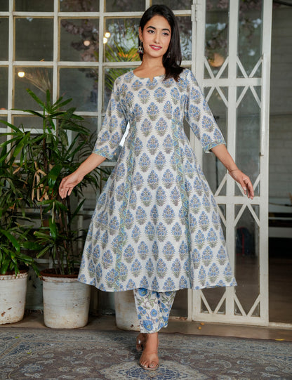 Ivory Blue-Green Hand-Block Printed A-Line Anarkali Style Cotton Kurta Set with Kota Doria Dupatta - HL119
