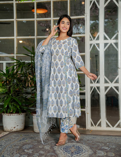 Ivory Blue-Green Hand-Block Printed A-Line Anarkali Style Cotton Kurta Set with Kota Doria Dupatta - HL119