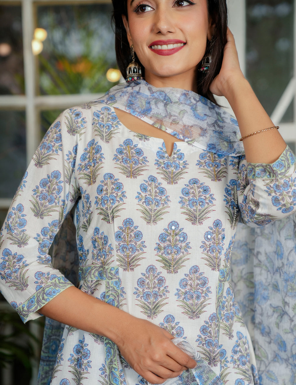 Ivory Blue-Green Hand-Block Printed A-Line Anarkali Style Cotton Kurta Set with Kota Doria Dupatta - HL119