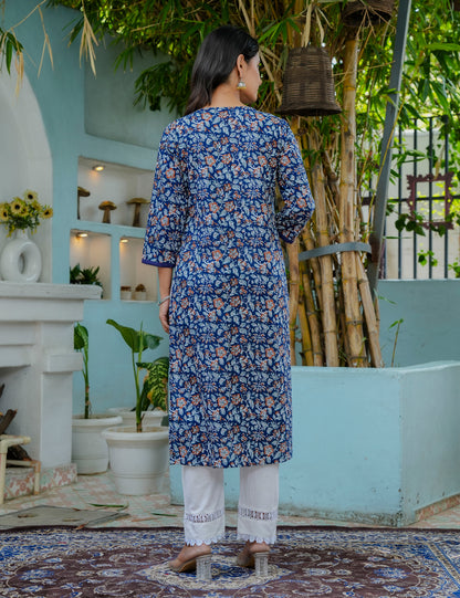 Blue Sanganeri Printed Kurta with White Pant - HL10