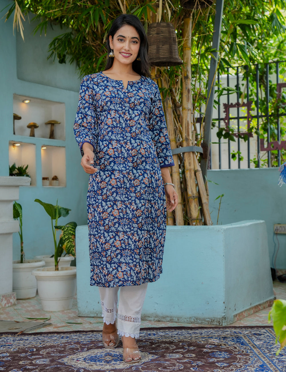 Blue Sanganeri Printed Kurta with White Pant - HL10