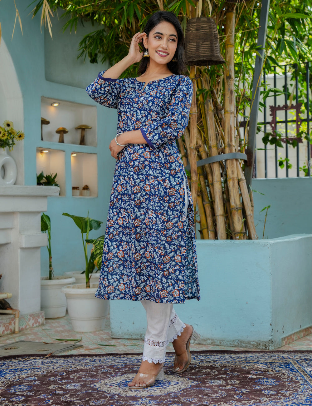 Blue Sanganeri Printed Kurta with White Pant - HL10