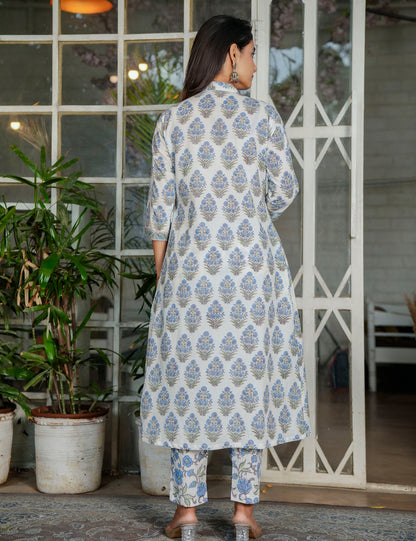 Blue-Grey Hand-Block Printed Floral A-line Anarkali Style Cotton Kurta Set with Kota Doria Dupatta - HL120