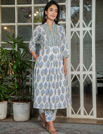 Blue-Grey Hand-Block Printed Floral A-line Anarkali Style Cotton Kurta Set with Kota Doria Dupatta - HL120