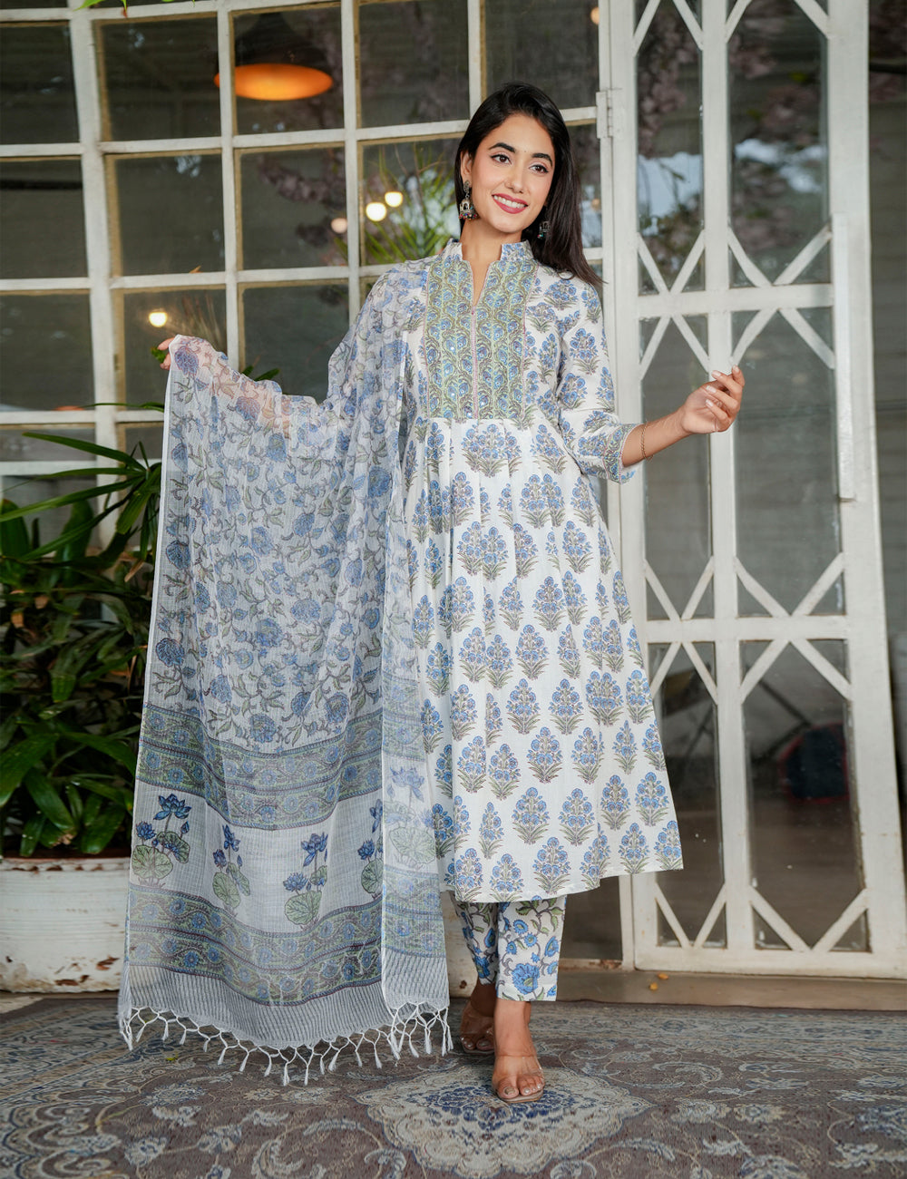 Blue-Grey Hand-Block Printed Floral A-line Anarkali Style Cotton Kurta Set with Kota Doria Dupatta - HL120