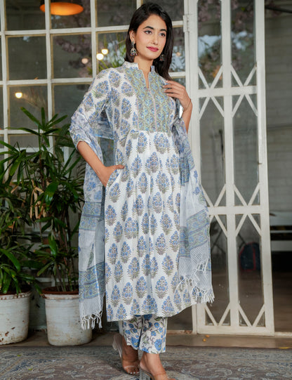 Blue-Grey Hand-Block Printed Floral A-line Anarkali Style Cotton Kurta Set with Kota Doria Dupatta - HL120