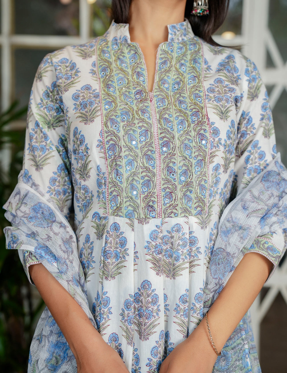 Blue-Grey Hand-Block Printed Floral A-line Anarkali Style Cotton Kurta Set with Kota Doria Dupatta - HL120