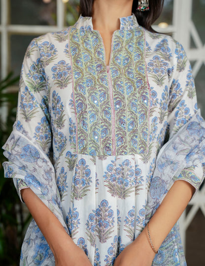 Blue-Grey Hand-Block Printed Floral A-line Anarkali Style Cotton Kurta Set with Kota Doria Dupatta - HL120