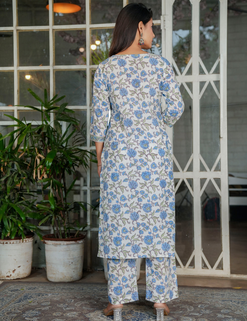 Blue-Grey Hand-Block Printed Floral Panel Cotton Straight cut Kurta Set with Embroidered Neckline and Kota Doria Dupatta - HL121