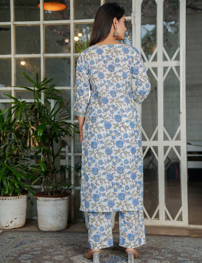 Blue-Grey Hand-Block Printed Floral Panel Cotton Straight cut Kurta Set with Embroidered Neckline and Kota Doria Dupatta - HL121