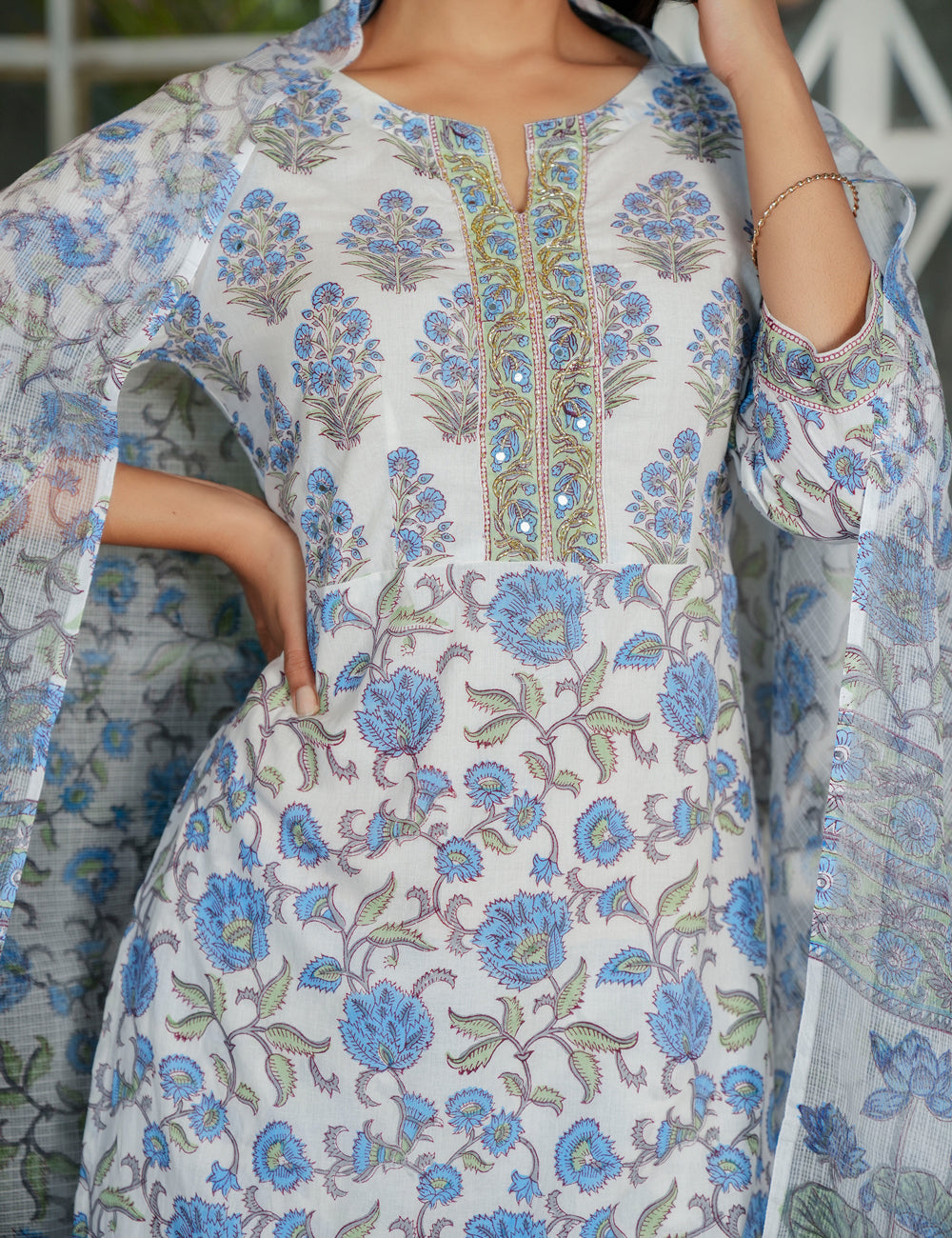 Blue-Grey Hand-Block Printed Floral Panel Cotton Straight cut Kurta Set with Embroidered Neckline and Kota Doria Dupatta - HL121