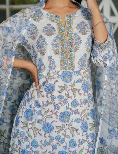 Blue-Grey Hand-Block Printed Floral Panel Cotton Straight cut Kurta Set with Embroidered Neckline and Kota Doria Dupatta - HL121