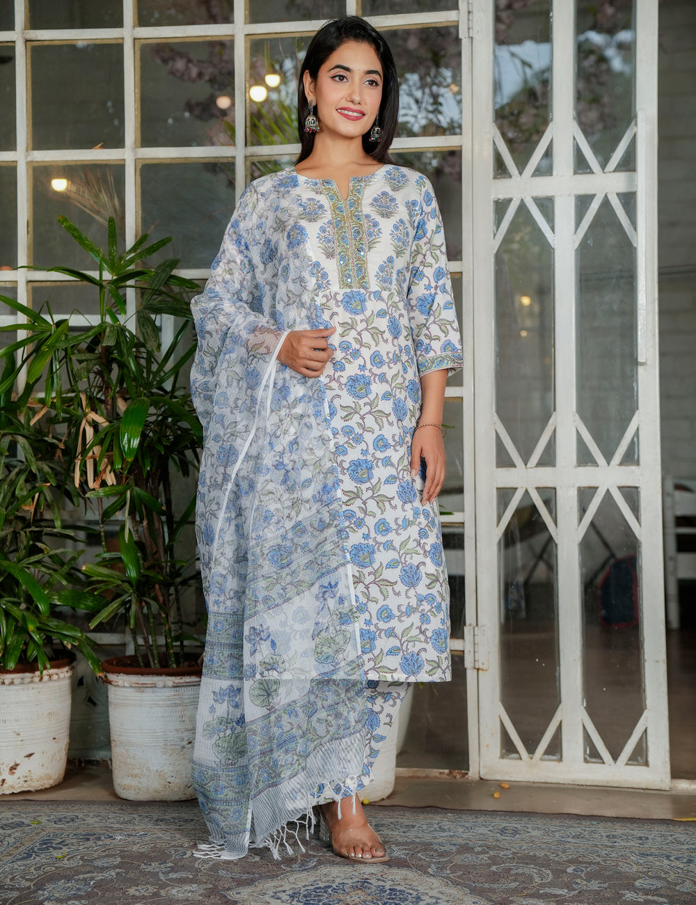 Blue-Grey Hand-Block Printed Floral Panel Cotton Straight cut Kurta Set with Embroidered Neckline and Kota Doria Dupatta - HL121